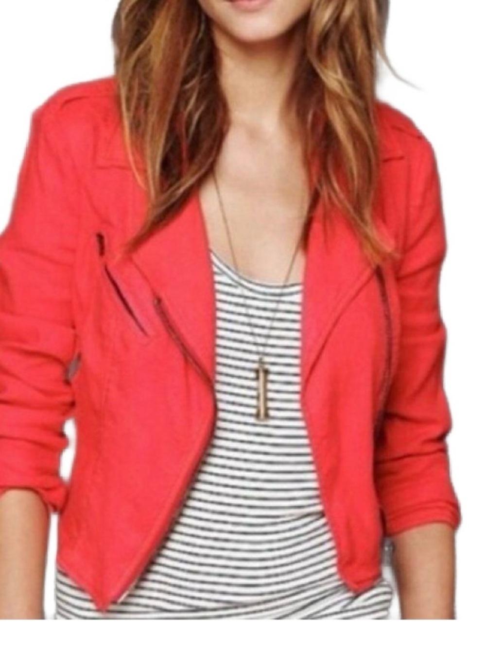 Free People Linen Cropped Moto Jacket in Orange Size Small